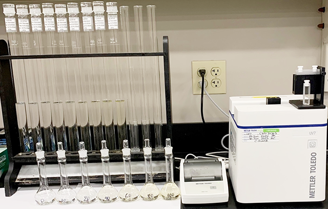 Figure 3: This picture shows a 1:1 comparison of the previous method of analyzing APHA color alongside the new method. With the new method, the lab uses seven volumetric flasks to make the standards for the validation of the UV7. These standards are easier to make and the data is considerable more accurate and precise.
