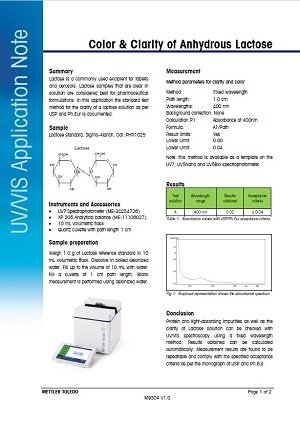 Color and Clarity of Lactose Using UV Vis Spectroscopy