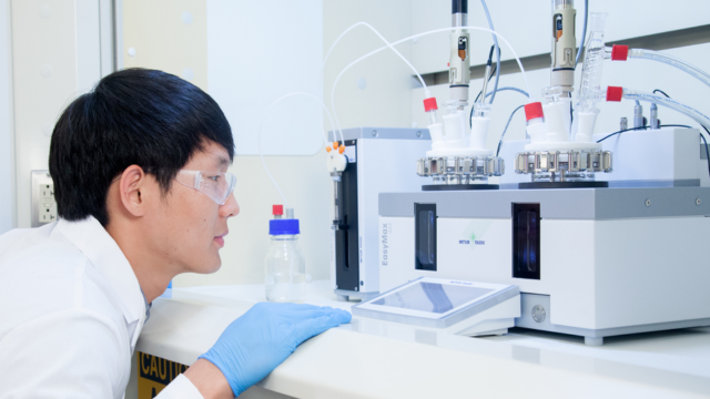Chemist observing chemical reaction in benchtop reactor