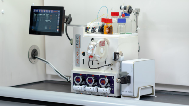 reactir connected to vapourtec instrument in fume hood reactir connected to vapourtec instrument in fume hood