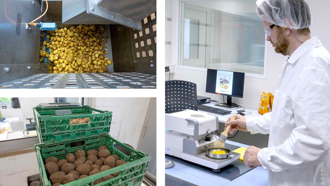 Potato chip factory man using a moisuture analyzer on potato chips