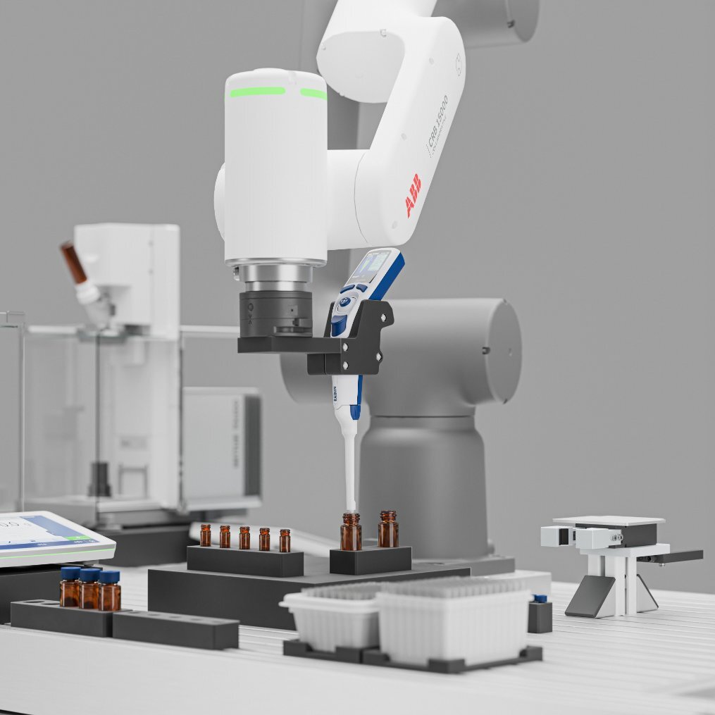 Robotic arm automating lab tasks.