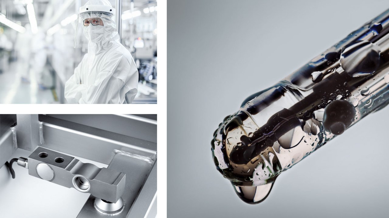 Photo collage of lab scientist, balance and ph sensor for semiconductor quality insurance