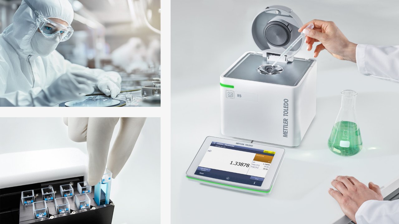 Photo collage of lab worker, UV/VIS and refractometer for semiconductor quality insurance
