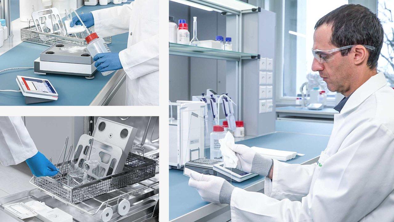 Scientist cleaning lab instruments