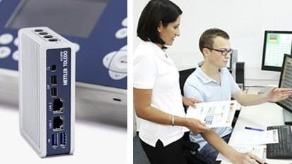 Collage image of METTLER TOLEDO product and two scientists working at a computer
