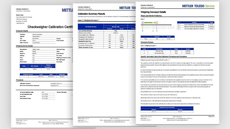 Calibration certificates and documentaion for product inspection equipment